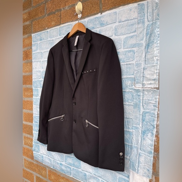 Zara MAN Black Blazer w Studs & Floral 3 D patches size 40 - Picture 3 of 16